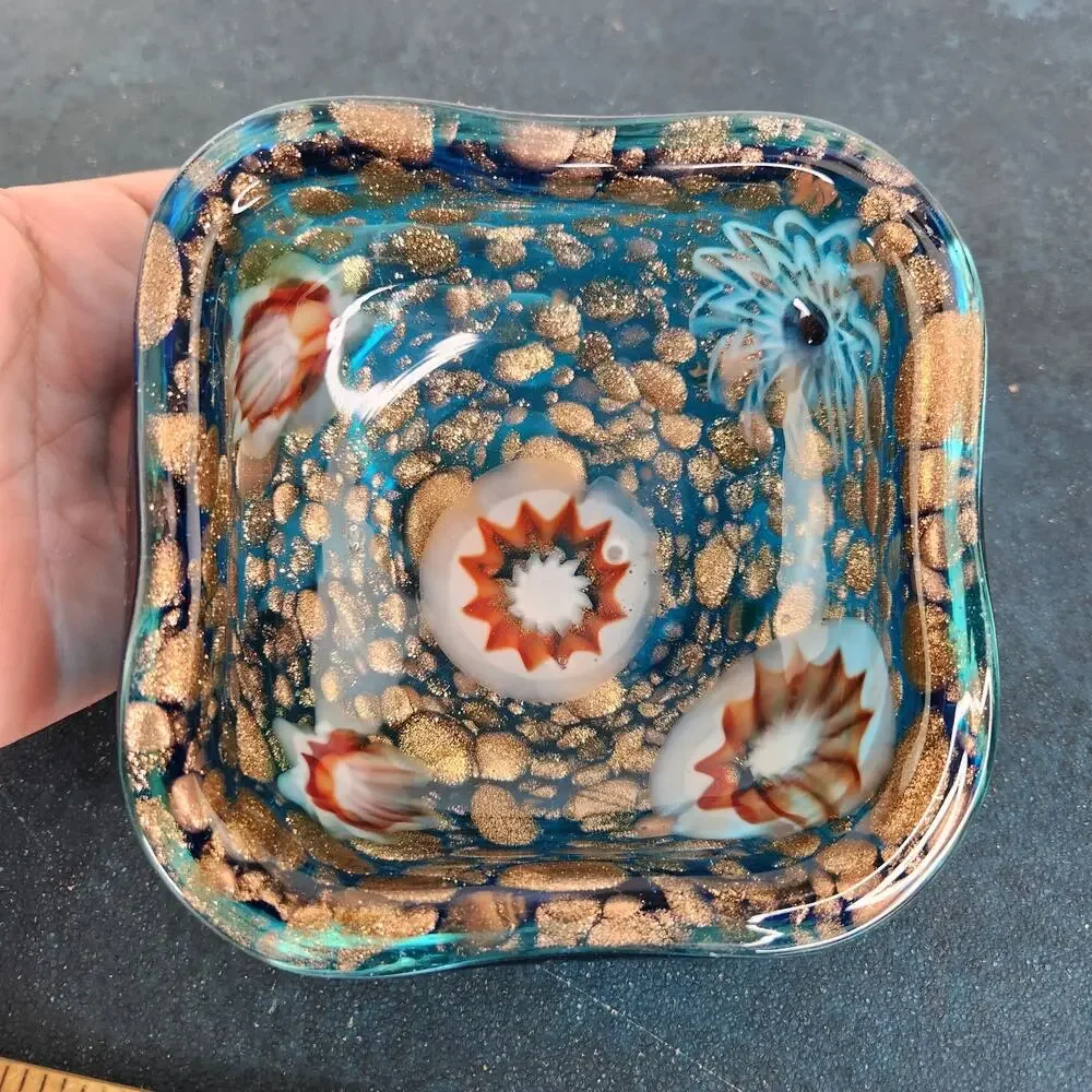 VTG Murano Tutti Frutti Blue Bowl Ashtray Trinket Dish Holder Home Decor